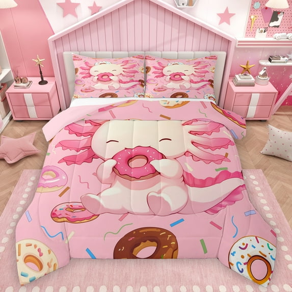 Homewish Cute Axolotl Salamander Queen Comforter Set,Sweet Dessert Doughnut Bedding Sets,Pink Ocean Animal Bedding Comforter Set For Boys Girls,Super Cozy Room Decor Reversible,3pcs