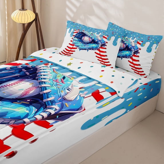 Homewish Cute Baseball Gloves Kid Zipper Full Size Comforter Sets with Fitted Sheet and 2 Pillowcases, Blue Ice Cream Drip Zipper Bedding Set, Polka Dots Reversible, 4pcs