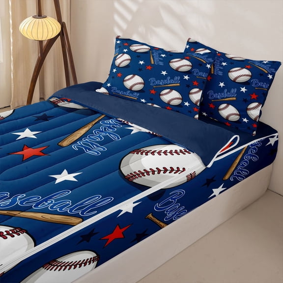 Homewish Cute Baseball Print Zipper Full Size Comforter Sets with Fitted Sheet and 2 Pillowcases, Cartoon Stars Zipper Bedding Set, Navy Reversible, 4pcs