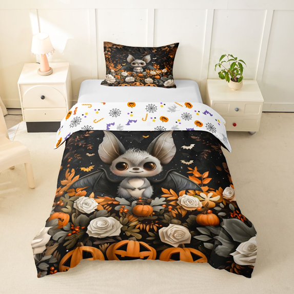 Homewish Cute Bat Wreath Twin Duvet Cover for Girls, Orange Maple Rose PumpkinFloral Twin Bedding, Halloween Reversible, 2-Piece, 1 Duvet Cover and 1 Pillowcase
