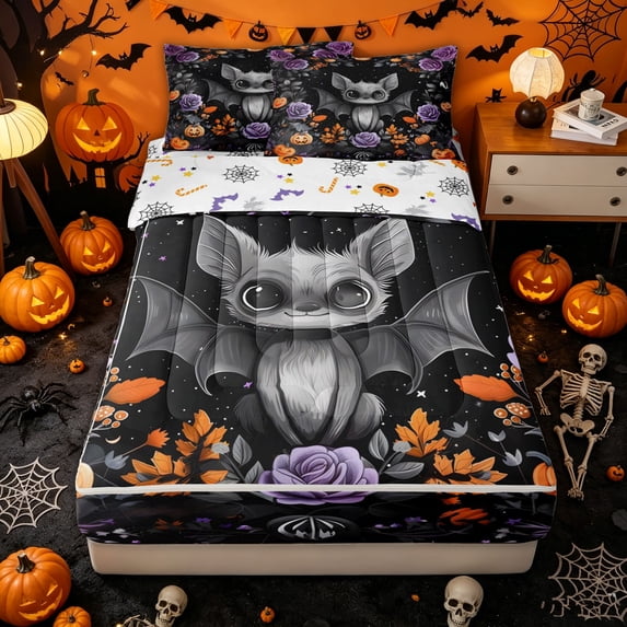 Homewish Cute Bat Wreath Zipper Twin Comforter Sets with Fitted Sheet and 2 Pillowcases for Kids, Rose Pumpkin Maple Leaf Zipper Bedding Set, Halloween Reversible, 4 Pieces