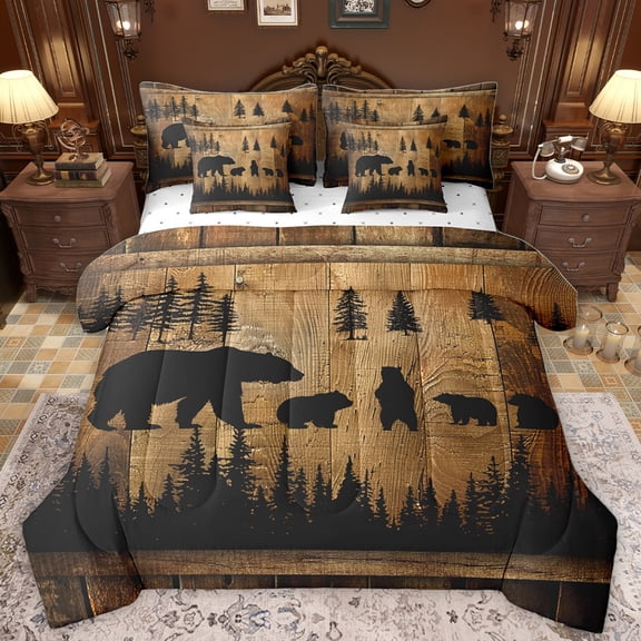 Homewish Cute Bear 7-Piece Bedding Comforter Set,Woodland Animal King Bedding Sets,Brown Black Bed Sheets For Teens,Super Cozy Room Decor