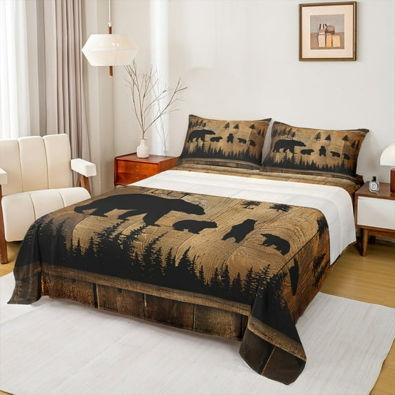 Homewish Cute Bear Bed Sheets,Woodland Animal King Sheets,Brown Black Sheet Set For Teens,Super Cozy Room Decor,4pcs