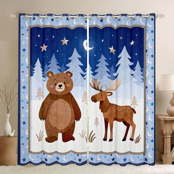 Homewish Cute Bear Deer Black Out Curtains for Boy, Jungle Moose Animal Curtains Pack of 2 (42x63 Each), Cartoon Wildlife Theme Bedroom Curtains, Black Out Curtains Decor
