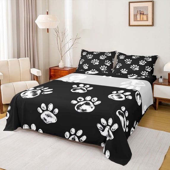 Homewish Cute Bear Paws Bed Sheets,Jungle Animal King Sheets,White Black Sheet Set For Boys Girls,Microfiber Bedroom Decor,4 Pieces