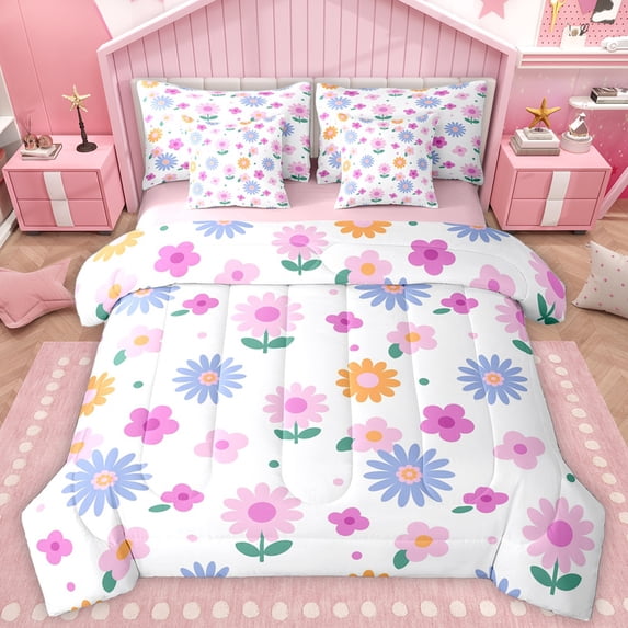Homewish Cute Blossom 7pcs Bedding Comforter Set,Kawaii Polka Dots Queen Bedding Sets,Multicolor Floral Daisy Queen Sheet Sets For Teens,Luxury Bedroom Decor Reversible