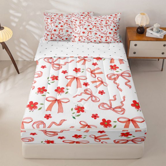 Homewish Cute Blossom Flowers Zipper Twin Comforter Sets with Fitted Sheet and 2 Pillowcases,Red Ribbon Bowknot Zipper Bedding Set For Kids Girls,Reversible,4 Pieces