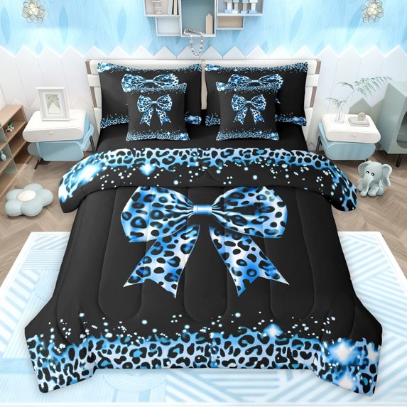 Homewish Cute Blue Bowtie Bedding Comforter Set 7pcs for Children Teens,Kawaii Ribbon Bow Knot Queen Bedding Sets Super Cozy,Abstract Cheetah Print Queen Sheet Sets,Microfiber Bedroom Decor