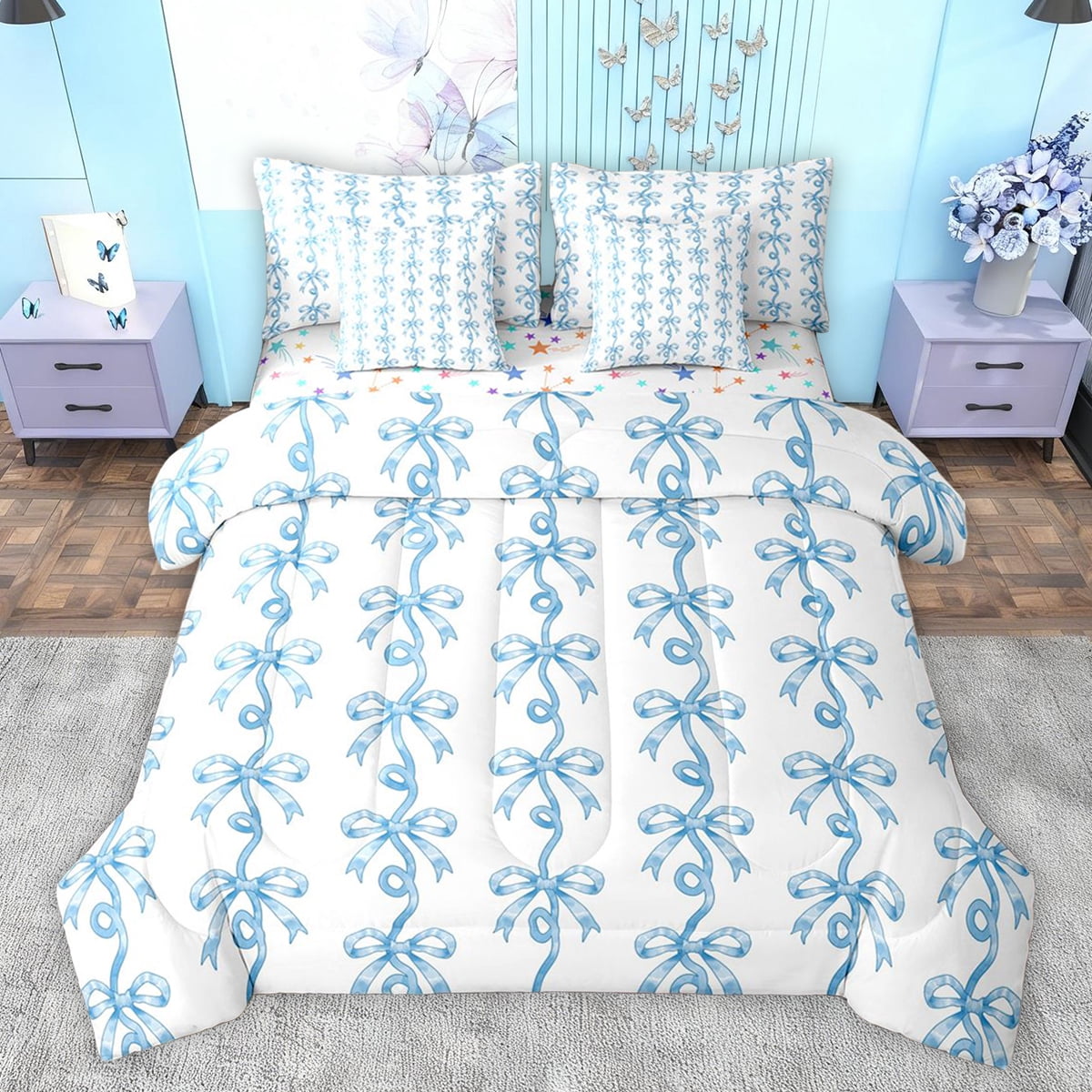 Homewish Cute Blue Ribbon Bedding Comforter Set 7pcs for Child, Kawaii ...