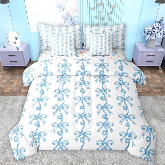 Homewish Cute Blue Ribbon Twin Bedding Sets 7-Piece for Child, Kawaii Cartoon Bow Bedding Comforter Set, Fairy Tale Princess Reversible Sheet Sets, Ultra Soft Bedroom Decor