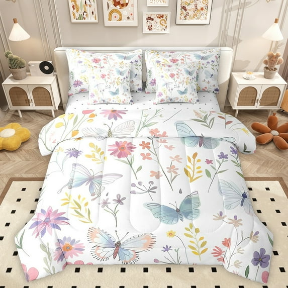 Homewish Cute Boho Butterflies 7 Pieces Bedding Comforter Set,Rustic Flying Animal Full Bedding Set,Multicolor Flower Daisy Fitted Sheet Flat Sheet For Girls Boys,Ultra Soft Home Decor Reversible