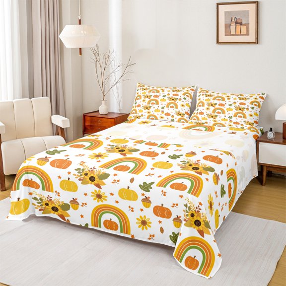 Homewish Cute Boho Rainbow Twin Sheet Sets,Happy Fall Pumpkin Twin Fitted Sheet,Rustic Flower Floral Flat Sheet For Princess,Ultra Soft Home Decor,3 Pieces