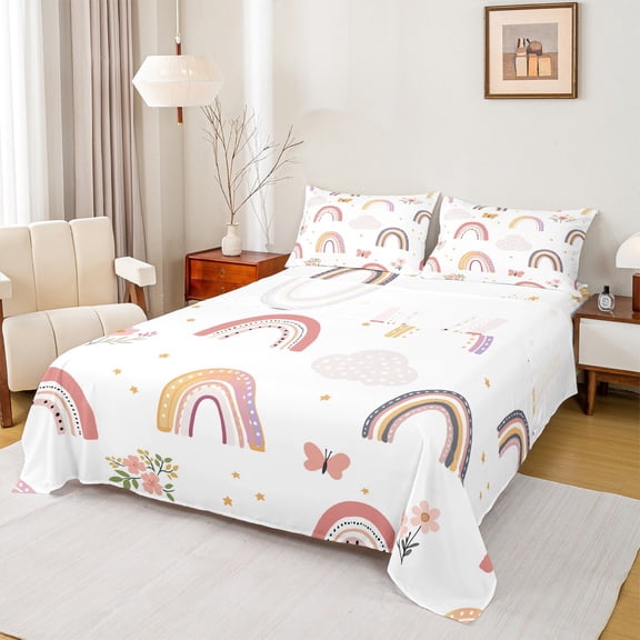 Homewish Cute Boho Rainbow Twin Sheet Sets,Kawaii Butterflies Twin Fitted Sheet,Pink Flower Rustic Floral Flat Sheet For Princess,Ultra Soft Home Decor,3pcs