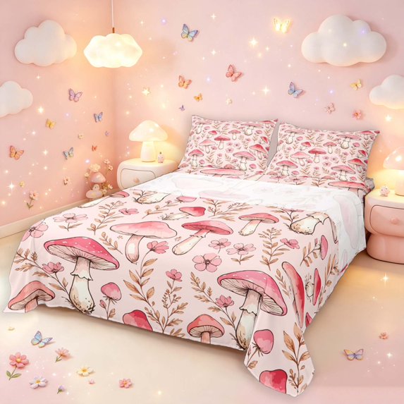 Homewish Cute Botanical Mushrooms Bed Sheets,Romantic Flowers Full Size Sheets,Pink,4pcs,1 Flat Sheet, 1 Fitted Sheet and 2 Pillowcases
