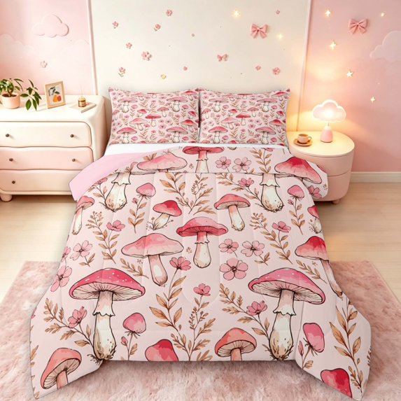 Homewish Cute Botanical Mushrooms Full Size Comforter Sets,Romantic Flowers Bedding Comforter Set,Pink,Pink Reversible,3pcs,1 Comforter and 2 Pillowcases