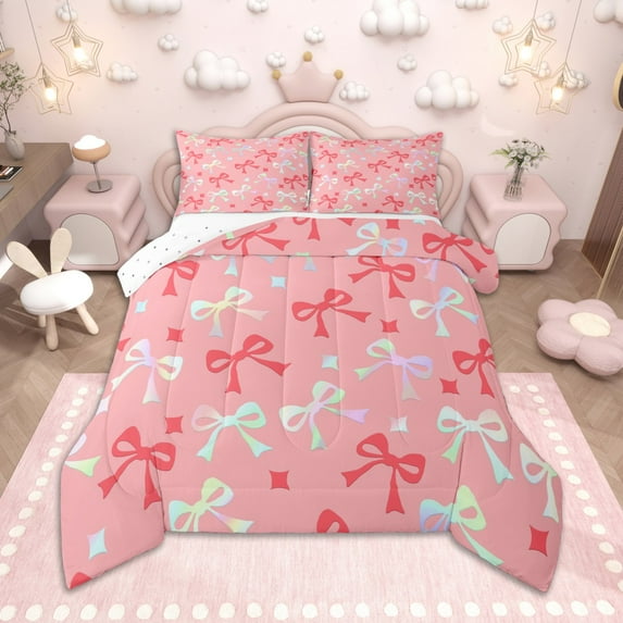Homewish Cute Bow Knot Full Size Comforter Sets for Girls, Glitter Stars Bedding Comforter Set, Colorful Bowtie Bedding Sets, Ultra Soft Home Decor
