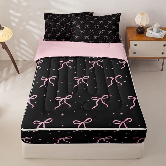 Homewish Cute Bow Knot Zipper Full Size Comforter Sets with Fitted Sheet and 2 Pillowcases For Girl Kids,Ribbon Bowtie Pink Bows Zipper Bedding Set,Reversible,4 Pieces