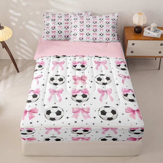 Homewish Cute Bow Knot Zipper Twin Comforter Sets with Fitted Sheet and 2 Pillowcases For Girl,Football Sport Games Ball Theme Kids Zipper Bedding Set,Pink Reversible,4 Pieces