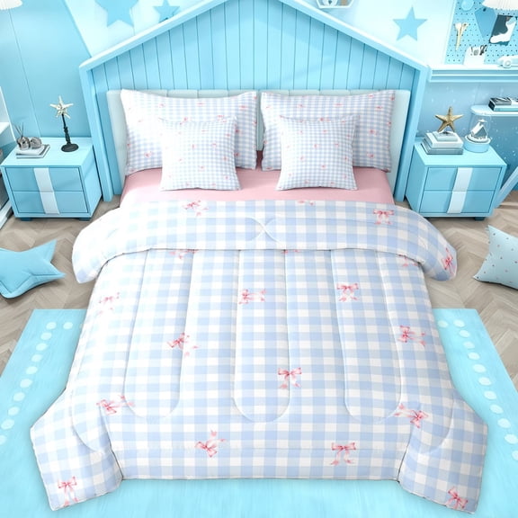 Homewish Cute Bow Ribbon 7pcs Bedding Comforter Set,Geometric Checkered Grid Queen Bedding Sets,Pink Blue White Queen Sheet Sets For Girls Boys,Luxury Bedroom Decor Reversible