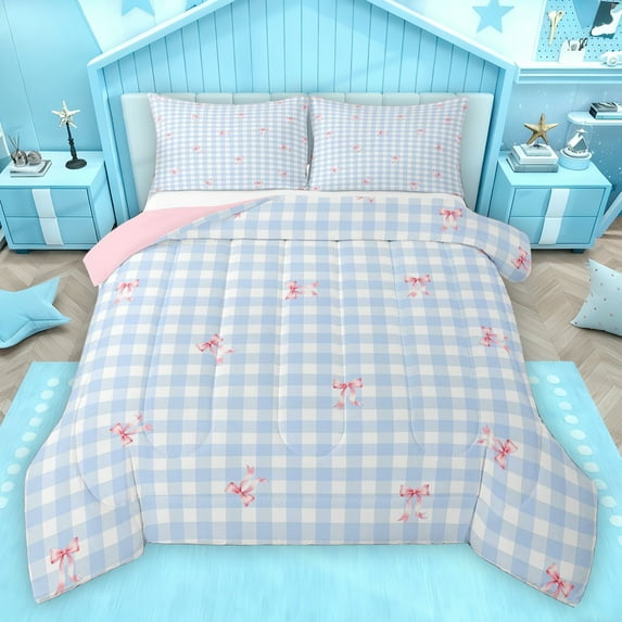 Homewish Cute Bow Ribbon Bedding Comforter Set,Geometric Checkered Grid Twin Comforter Sets,Pink Blue White Bedding Set For Girls Boys,Luxury Bedroom Decor Reversible,2-Piece