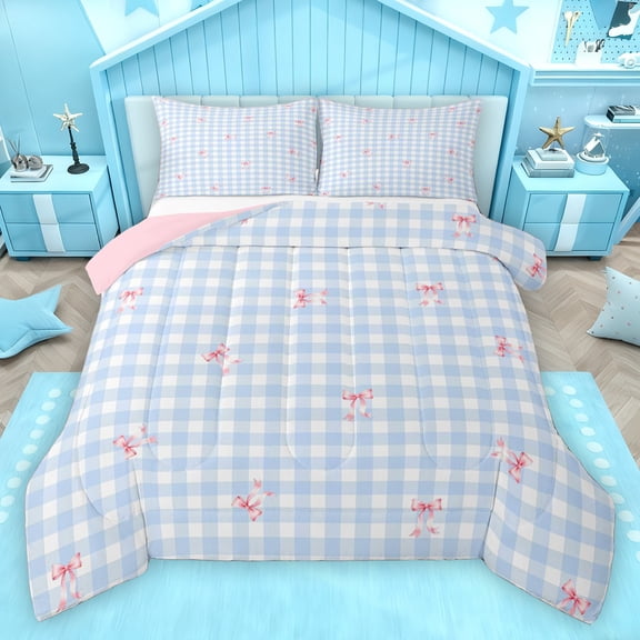 Homewish Cute Bow Ribbon Queen Comforter Set,Geometric Checkered Grid Bedding Sets,Pink Blue White Bedding Comforter Set For Girls Boys,Luxury Bedroom Decor Reversible,3pcs