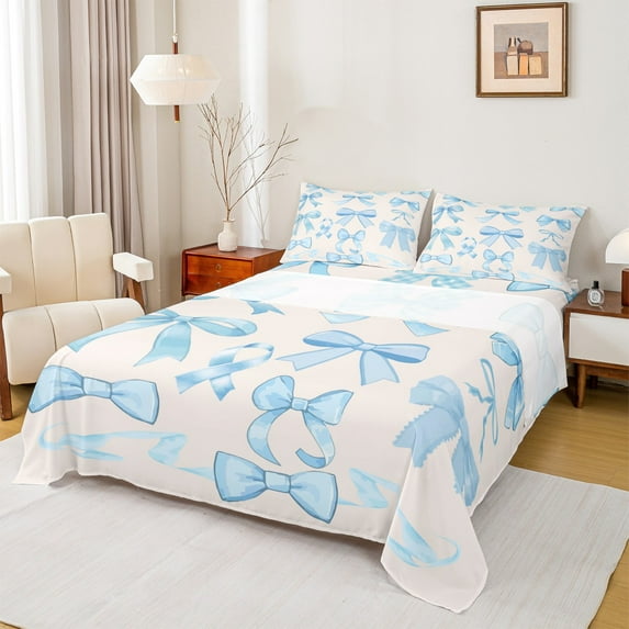 Homewish Cute Bow Ribbon Twin Sheet Sets,Cartoon Bowtie Twin Fitted Sheet,Blue Princess Bowknot Flat Sheet For Girls Kids,Ultra Soft Home Decor,3 Pieces