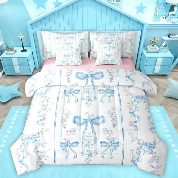 Homewish Cute Bow Tie 7-Piece Twin Bedding Sets,Kawaii Flower Floral Bedding Comforter Set,Blue White Sheet Sets For Girl Kids,Ultra Soft Home Decor Reversible