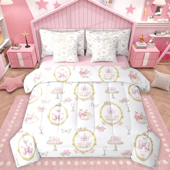 Homewish Cute Bow Tie 7-Piece Twin Bedding Sets,Luxury Castle Bedding Comforter Set,Sweet Dessert Sheet Sets For Girl Kids,Microfiber Bedroom Decor Reversible