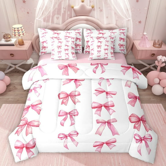 Homewish Cute Bow Tie 7-Piece Twin Bedding Sets,Ribbon Bowknot Bedding Comforter Set,White Pink Sheet Sets For Girl Kids,Ultra Soft Home Decor Reversible