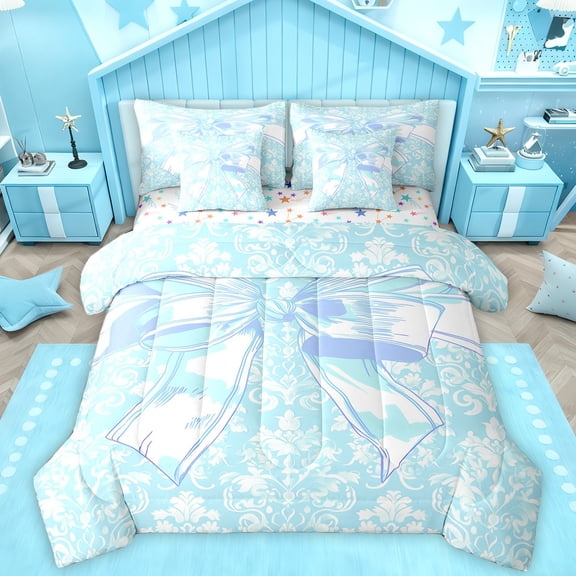 Homewish Cute Bow Tie 7 Pieces Bedding Comforter Set,Baroque Print Full Bedding Set,Blue Bowknot Ribbon Fitted Sheet Flat Sheet For Girl Kids,Ultra Soft Home Decor Reversible