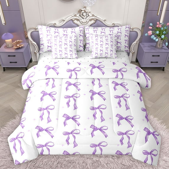 Homewish Cute Bow-Tie Bedding Comforter Set 7-Piece for Female Men Adults,Purple White King Bedding Sets,Dreamy Princess Ultra Soft Bed Sheets,Ultra Soft Home Decor,Reversible