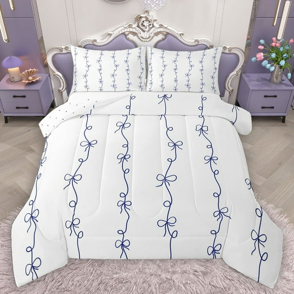 Homewish Cute Bow-Tie Full Size Comforter Sets 3-Piece for Female Men Adults,Blue White Bedding Comforter Set,Dreamy Princess Lightweight Bedding Sets,Ultra Soft Home Decor,Reversible