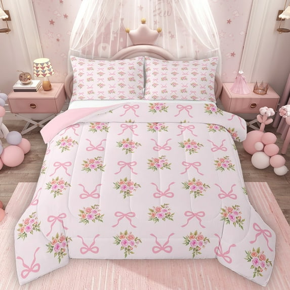 Homewish Cute Bow Tie Queen Comforter Set,Ribbon Bowknot Bedding Sets,Pink Flower Floral Bedding Comforter Set For Girl Kids,Ultra Soft Home Decor Reversible,3-Piece