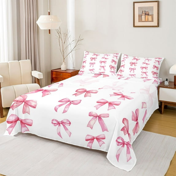 Homewish Cute Bow Tie Twin Sheet Sets,Ribbon Bowknot Twin Fitted Sheet,White Pink Flat Sheet For Girl Kids,Ultra Soft Home Decor,3 Pieces