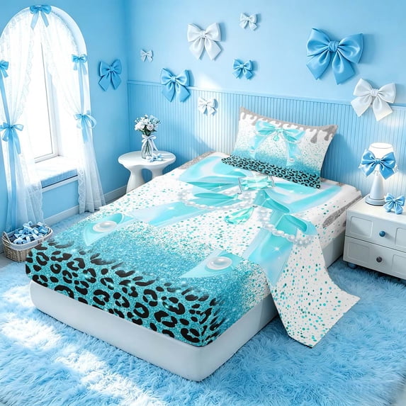 Homewish Cute Bow Tie Twin Sheets for Girls, Cyan Leopard Print Bedding, 3-Piece (1 Flat Sheet, 1 Fitted Sheet and 1 Pillowcase)