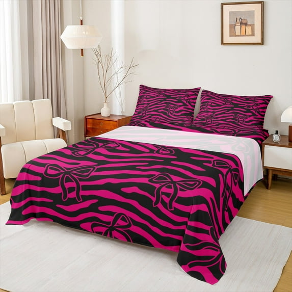 Homewish Cute Bowknot 4 Pieces Queen Sheet Sets for Kids Children Girls,Animal Zebra Print Ultra Soft Flat Sheet,Dreamy Princess Queen Fitted Sheet,Lightweight Room Decor