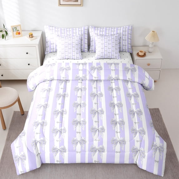 Homewish Cute Bowknot 7-Piece Twin Bedding Sets for Female Men Teens,Polka Dots Bedding Comforter Set,Geometric Stripes Breathable Sheet Sets,Lightweight Room Decor,Reversible