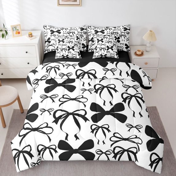 Homewish Cute Bowknot Bedding Comforter Set 7-Piece for Teens Female Women,Kawaii Bowtie Bow King Bedding Sets,Black White Ultra Soft Bed Sheets,Super Cozy Room Decor,Reversible