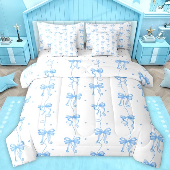 Homewish Cute Bowknot Bowtie 7-Piece Twin Bedding Sets,Geometric Circular Bedding Comforter Set,Blue White Sheet Sets For Kids,Microfiber Bedroom Decor Reversible