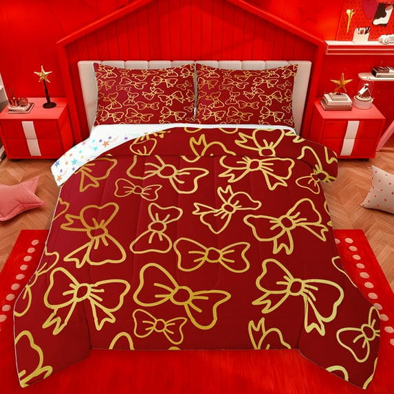 Homewish Cute Bowknot Bowtie Queen Comforter Set,Kawaii Bow Bedding Sets,Red Gold Bedding Comforter Set For Kids,Microfiber Bedroom Decor Reversible,3-Piece