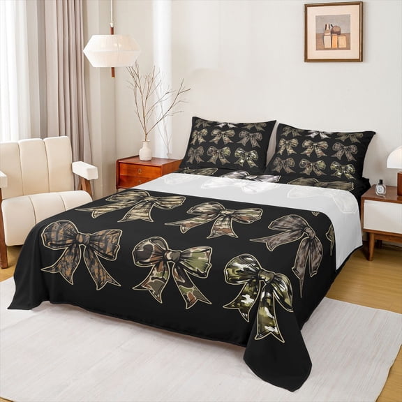 Homewish Cute Bowknot Bowtie Queen Sheet Sets,Rustic Camouflage Print Flat Sheet,Green Black Queen Fitted Sheet For Kids,Microfiber Bedroom Decor,4 Pieces
