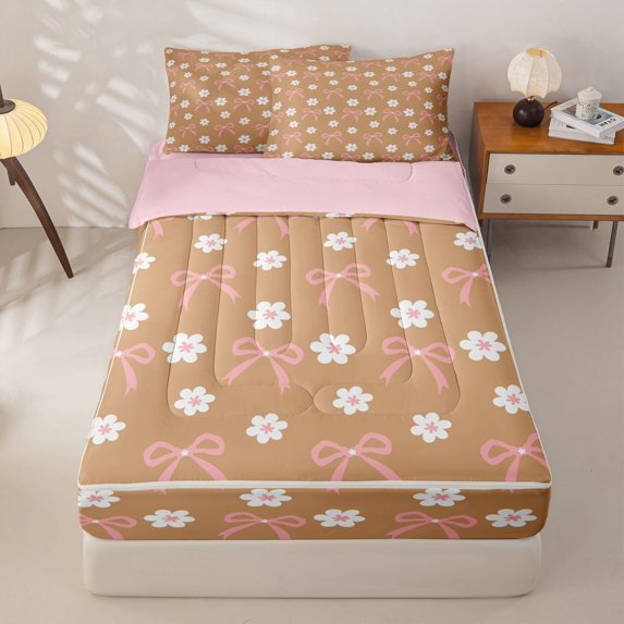 Homewish Cute Bowknot Daisy Zipper Twin Comforter Sets with Fitted Sheet and 2 Pillowcases,Cartoon Flowers Blossom Zipper Bedding Set For Girls Kids,Orange White Pink,Reversible,4-Piece