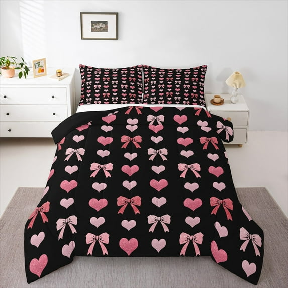 Homewish Cute Bowknot Full Size Comforter Sets 3-Piece for Teens Female Women,Love Heart Print Bedding Comforter Set,Black Pink Lightweight Bedding Sets,Super Cozy Room Decor,Reversible