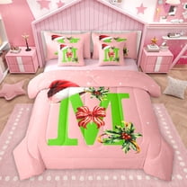 Homewish Cute Bowknot Letter M Twin Bedding Sets 7-Piece for Kids, Cartoon Santa Claus Bedding Comforter Set, Pink Christmas Theme Reversible Sheet Sets, Lightweight Room Decor