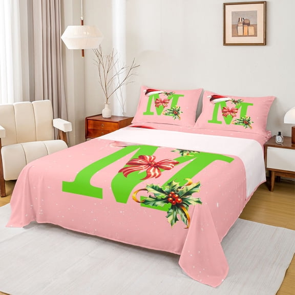 Homewish Cute Bowknot Letter M Twin Sheet Sets for Kids, Cartoon Santa Claus Twin Fitted Sheet, Pink Christmas Theme Flat Sheet, Lightweight Room Decor, 3-Piece