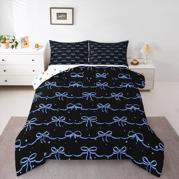 Homewish Cute Bowtie 3 Pieces Queen Comforter Set for Kids Children Girls,Black Blue Ultra Soft Bedding Sets,Dreamy Princess Bedding Comforter Set Breathable,Breathable Home Decor,Reversible