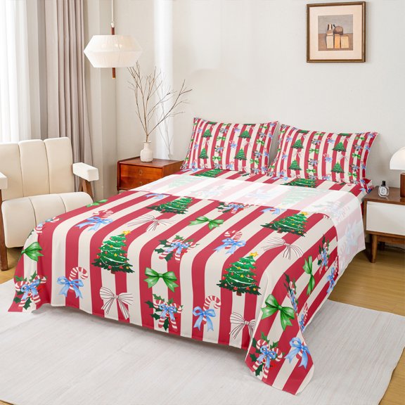 Homewish Cute Bowtie Candy Cane Twin Sheet Sets,Cartoon Christmas Tree Twin Fitted Sheet,Red Striped Lines 03 For Girls,Breathable Home Decor,3 Pieces