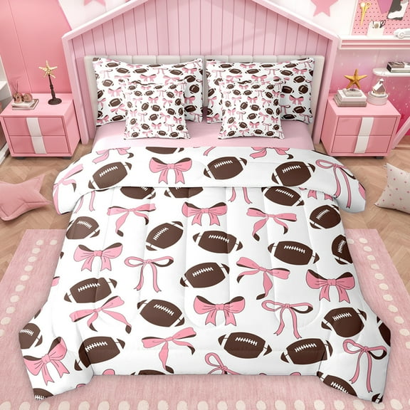 Homewish Cute Bowtie Ribbon 7-Piece Twin Bedding Sets,Rugby Football Game Bedding Comforter Set,Pink White Brown Sheet Sets For Girl Kids,Ultra Soft Home Decor Reversible