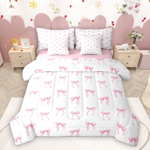 Homewish Cute Bowtie Ribbon 7pcs Bedding Comforter Set,Princess Bow Knot Queen Bedding Sets,White Pink Queen Sheet Sets For Girls Kids,Ultra Soft Home Decor Reversible