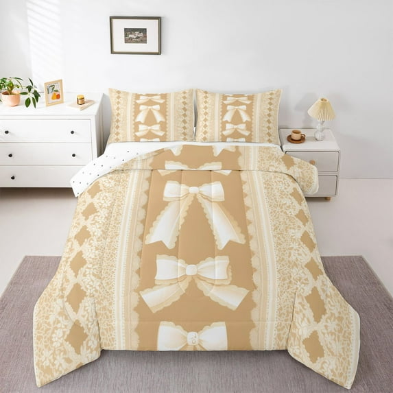 Homewish Cute Bowtie Ribbon Bedding Comforter Set,Princess Bow Knot Twin Comforter Sets,Beige Brown Bedding Set For Girls Kids,Ultra Soft Home Decor Reversible,2pcs